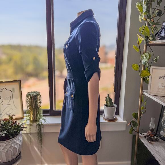 Sharagano Women's Navy Blue w/ Gold Accents Belted Collared Shirt Dress, Size: 4 - Picture 5 of 10